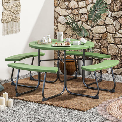 HAPPYGRILL 8-Person Picnic Table Bench Set with Umbrella Hole, 43” Outdoor Dining Table w/4 Benches, Wood-Like Texture Tabletop, Stable U-Shaped Base, Round Table for Backyards, Green