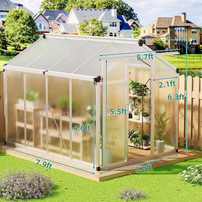 GAOMON Walk in Polycarbonate Greenhouse for Outdoors, 6 x 8 ft Backyard Greenhouse with Reinforced Aluminum Frame, Roof Vent, Lockable Door, Rain Gutter, Easy Assembly, Wood