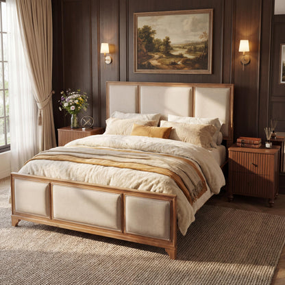 Queen Size Wooden Bed Frame with Upholstered Headboard, Natural Wood & Beige Fabric, Solid Wood Platform, Modern Farmhouse Style