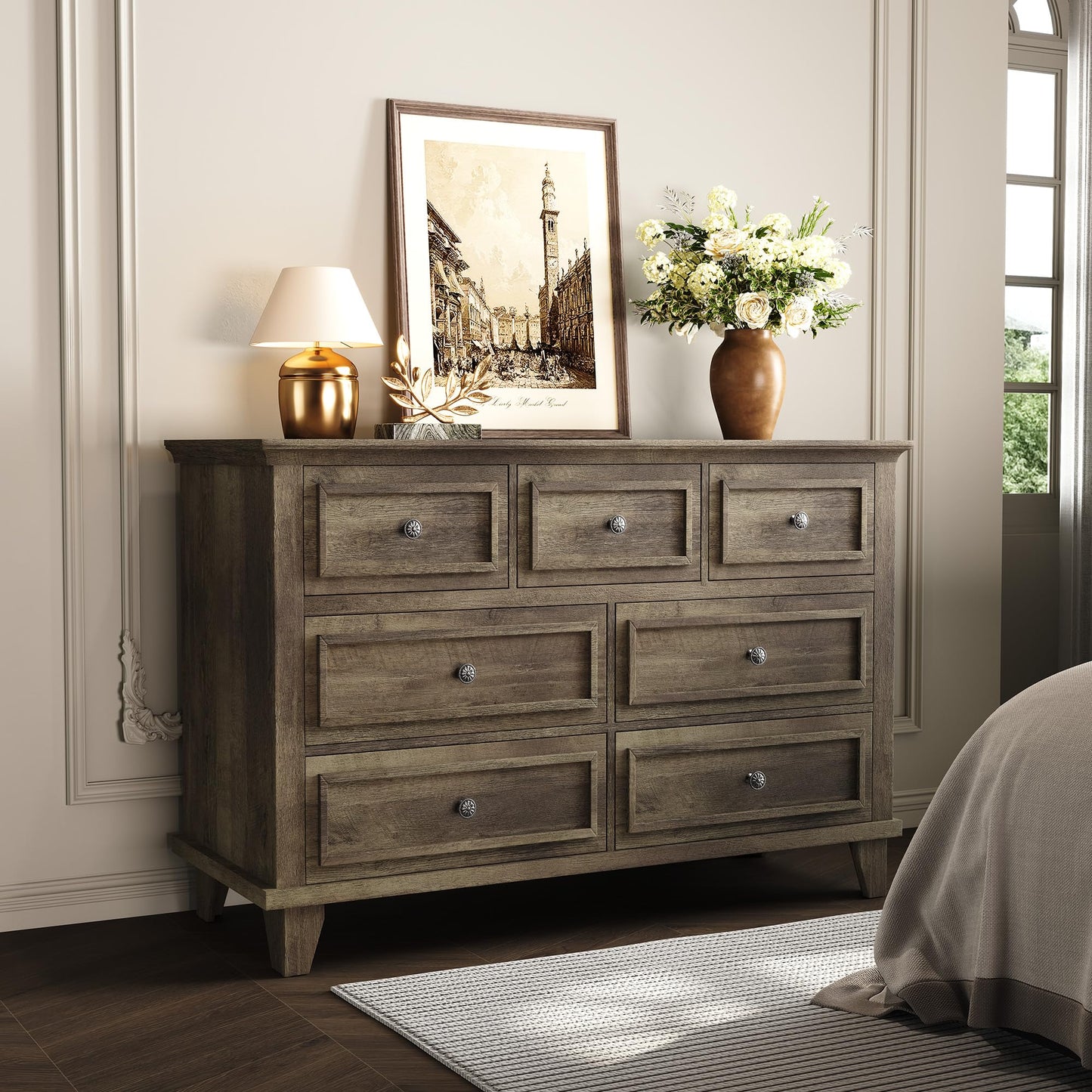 IDEALHOUSE 7 Drawer Dresser, Large Wooden Storage Chest of Drawers with Exquisite Metal Handles, 47" Wide Dresser TV Stand, Drawer Organizer for Bedroom, Living Room, Hallway, Entryway, Grey