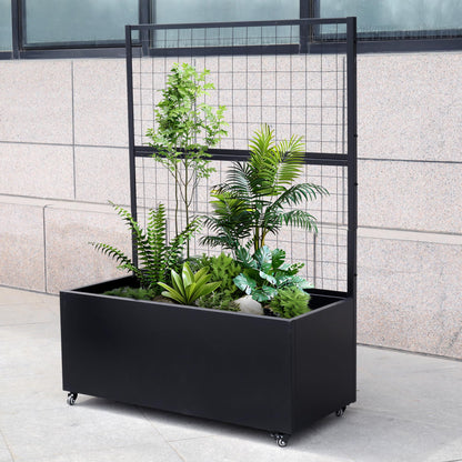 Metal Rolling Planter Box with Lattice Trellis – Modern COR-Ten Steel Trough on Casters | 66” x 46” x 21” (Black)