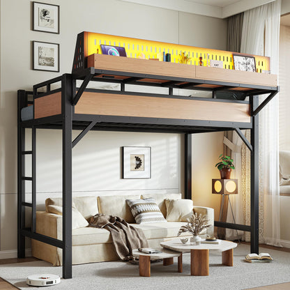 DNYN Metal Loft Bed with Storage Guardrails and Pegboard for Teens Bedroom/Dorm, Twin XL Size Loft Bed Frame with USB Ports and LED, Space-Saving Design & No Box Spring Needed