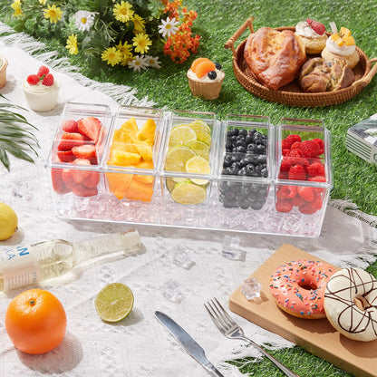 Lifewit Ice Chilled Condiment Caddy with 5x 20 oz Containers, Condiment Server with Lid & Metal Accessories, Serving Tray Platter with Removable Dishes for Bar, Fruit, Salad, Taco, Party Garnish
