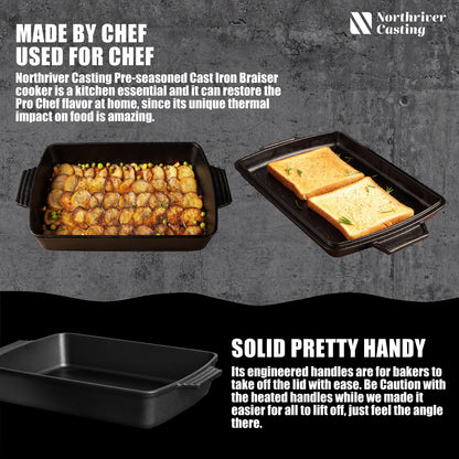 Northriver Casting 2-In-1 Pre Seasoned Cast Iron Dutch Oven With Skillet Lid,Casserole Dish,Rectangular Baking Pan,Griddle Pot Set, 6QT, 9"x13"