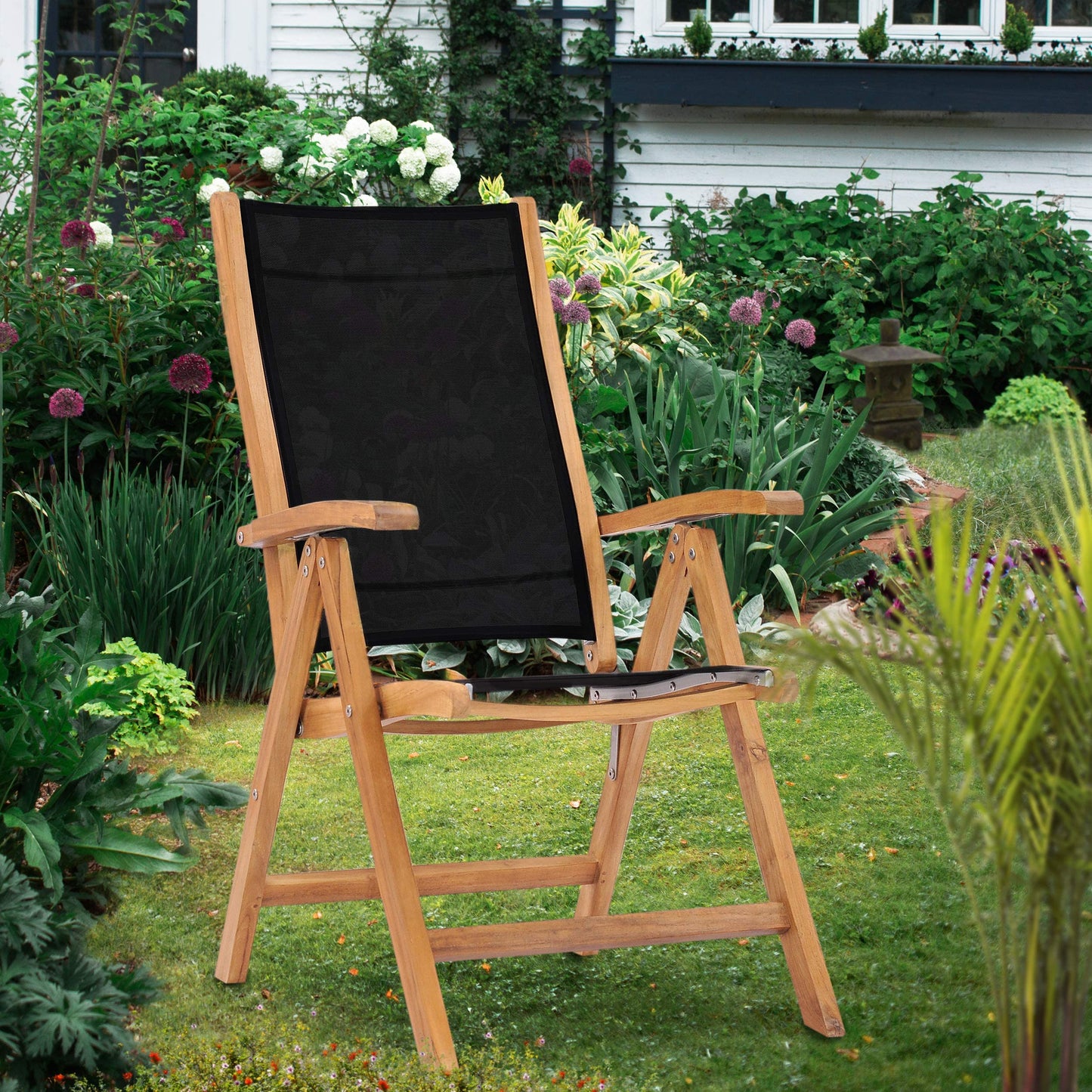 CHIC TEAK Teak Wood California Reclining Chair with Black Batyline Sling, Made from Solid A-Grade Teak Wood and Batyline