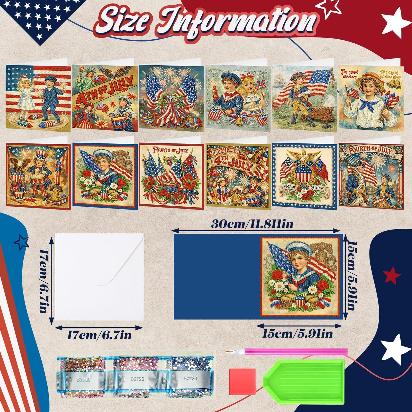 Saillong 12 Pack Vintage 4th of July Diamond Painting Greeting Card Kits Patriotic Diamond Art Cards with Envelopes Retro Red White Blue 5D Rhinestones Painting Making Kits for Adults DIY Craft Gifts