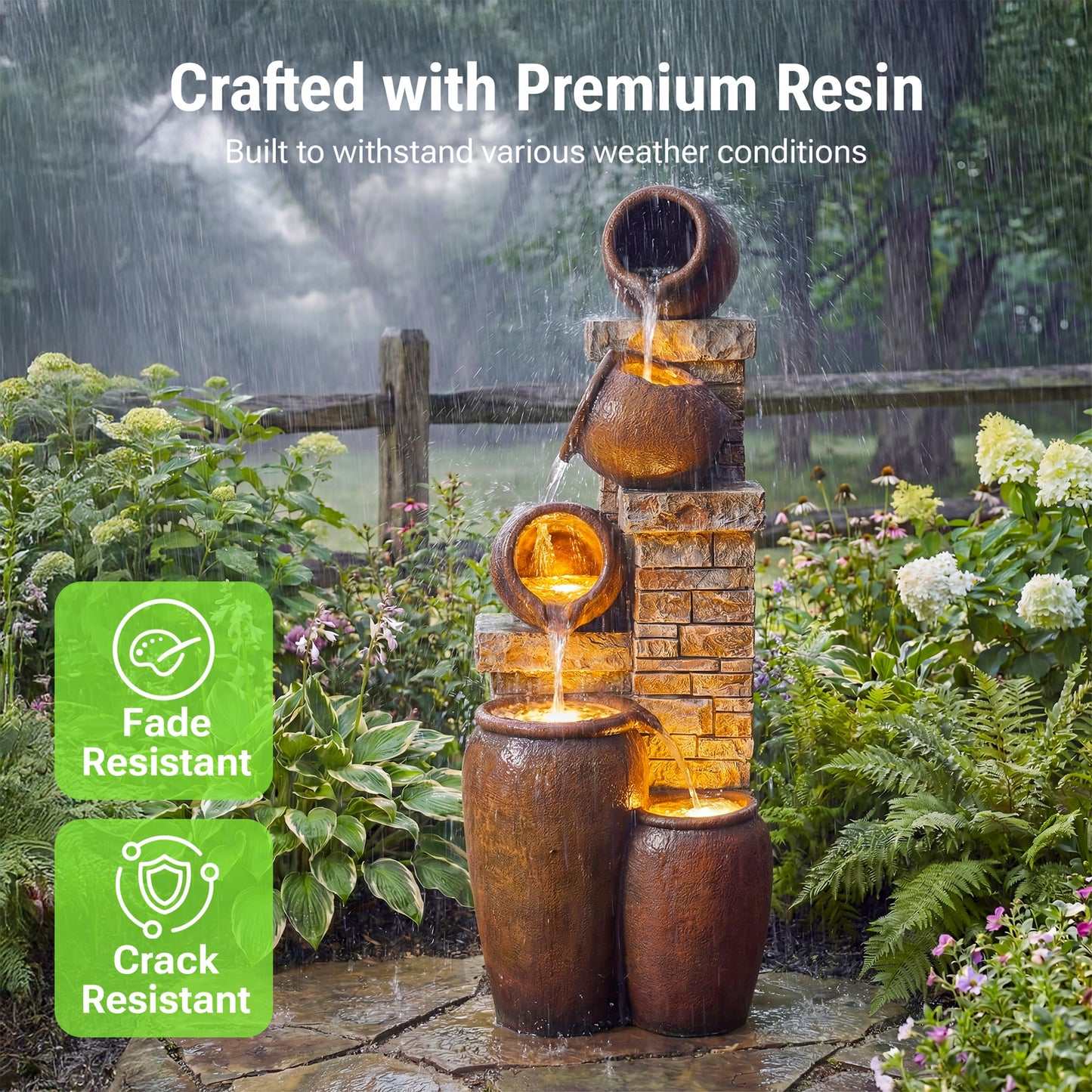 Dalxo 44-Inch Outdoor Water Fountain, 5-Tier Floor Standing Cascading Jars and Stacked Stones Resin Waterfall Fountain with 4 LED Lights, Home Decor for Garden, Patio, Yard, Farmhouse or Deck in Brown