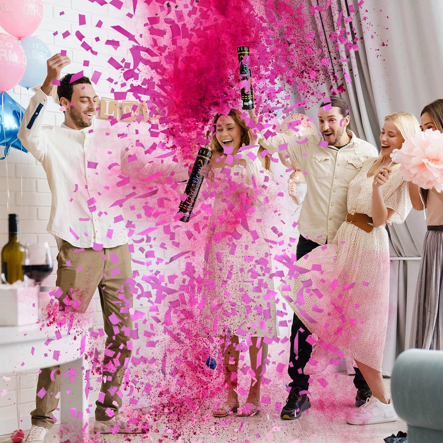2 Gender Reveal Confetti Powder Cannon - Biodegradable Blue & Pink Poppers for Baby Shower Party Decorations - He