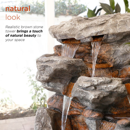 Alpine Corporation WIN730 Outdoor Floor Tiered Rock Waterfall Fountain with LED Lights and Natural Stone Look, 52", Brown