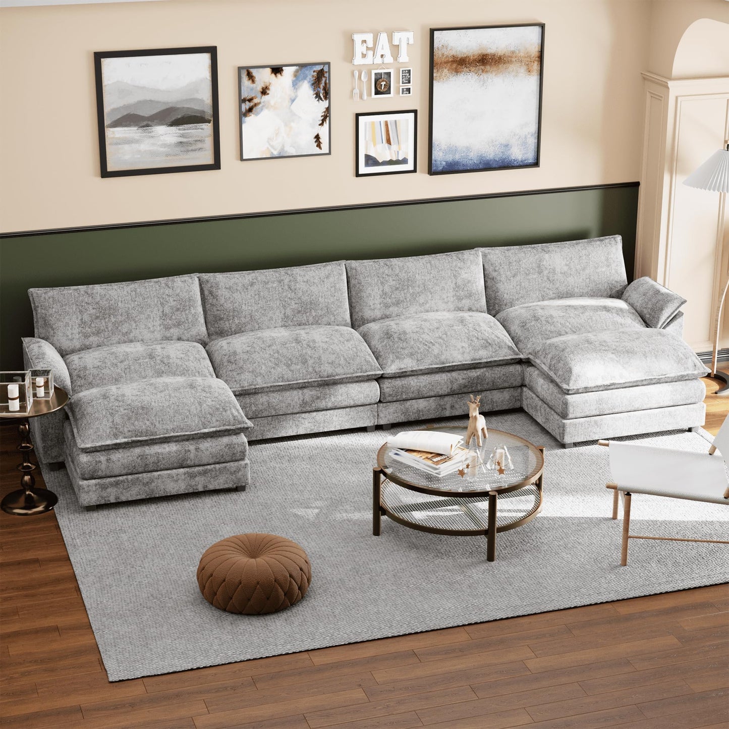 Shahoo Couches for Living Room, Sectional Modular Sofa U Shaped Chenille Fabric Couch with High Supportive & Soft Sponges and Removable Ottoman, Sleeper Comfy Upholstered Couch, Grey