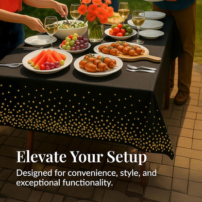 Prestee Gold & Black Rectangle Table Covers | 4 Pack Disposable Plastic Tablecloths - 54 x 108 Inches for Parties & Events