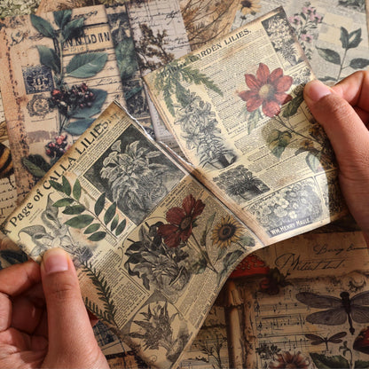 120 Sheets Vintage Botanical Scrapbook Paper Set, Journaling Scrapbooking Supplies Craft Decoupage Papers Kit, 4 Themes x 30 Mushroom Floral Antique Letter Design for Junk Journals Collage Card Making