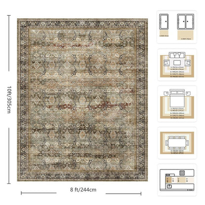 Yarooge 8x10 Area Rugs for Living Room - Washable Vintage Retro Large Rug, Soft Ultra Thin Non Slip Low Pile Traditional Distressed Boho Carpet for Bedroom Dining Room Home Office, Charcoal Olive