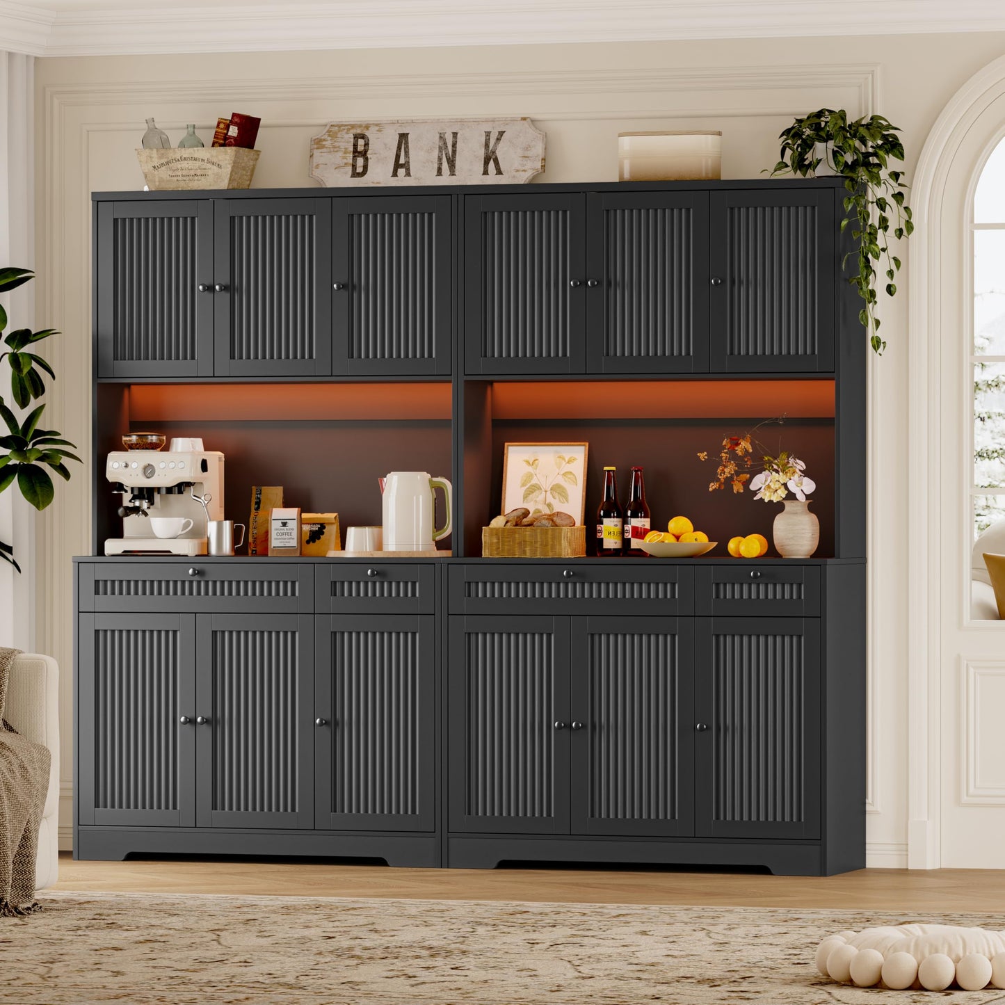 BORNOON Pantry Cabinet with Charging Station and Light, Tall Kitchen Pantry Storage Cabinet with Microwave Stand, Wide Fluted Kitchen Hutch with Storage Drawers and Adjustable Shelves for Dining Room