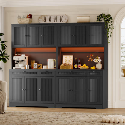 BORNOON Pantry Cabinet with Charging Station and Light, Tall Kitchen Pantry Storage Cabinet with Microwave Stand, Wide Fluted Kitchen Hutch with Storage Drawers and Adjustable Shelves for Dining Room