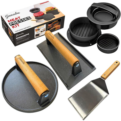 Gamalou® Smashed Burger Press BBQ Kit: 7" Black Round & 8.2x4.3 Rectangle Cast Iron Bacon Press, 3 in 1 Patty Maker, Spatula 6x5, Burger Press Griddle Set for Blackstone, Traeger, Grills, Fry Pan