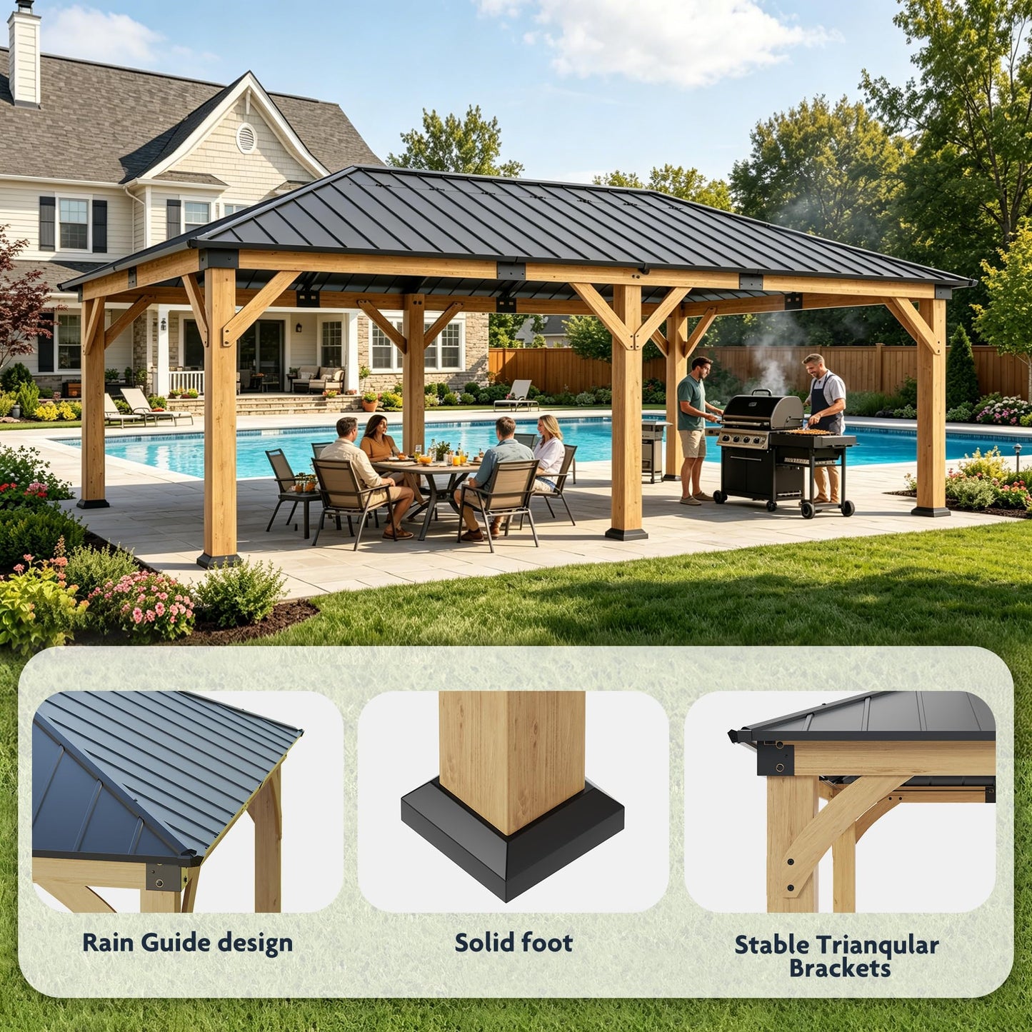 GOHONEI 12x20 ft Wood Gazebo, Hardtop Gazebo with Galvanized Steel Double Roof, Heavy Duty Pavilion for Patio Lawn and Garden