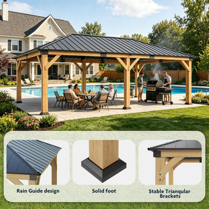 GOHONEI 12x20 ft Wood Gazebo, Hardtop Gazebo with Galvanized Steel Double Roof, Heavy Duty Pavilion for Patio Lawn and Garden