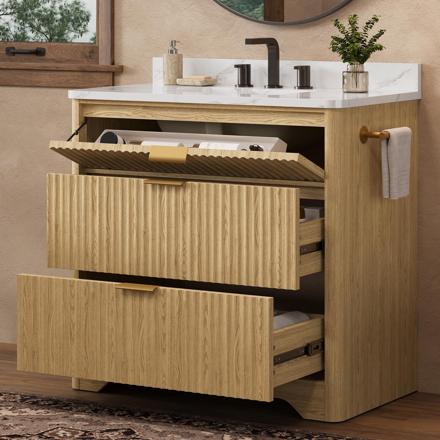 IRONCK 36 inch Bathroom Vanity with Ceramic Sink, Freestanding Wood Grain Sink Cabinet with 3 Storage Drawers (2 Standard + 1 Flip-Down), Farmhouse