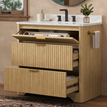 IRONCK 36 inch Bathroom Vanity with Ceramic Sink, Freestanding Wood Grain Sink Cabinet with 3 Storage Drawers (2 Standard + 1 Flip-Down), Farmhouse