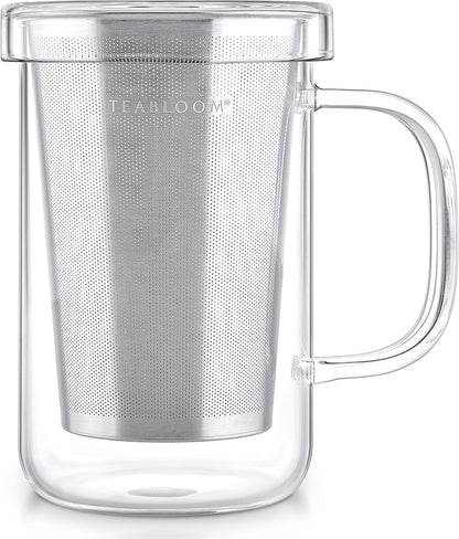 Teabloom Premium Borosilicate Glass Mug - 12 Ounces (350 mL) with Stainless Steel Loose Leaf Tea Infuser and Lid/Dish