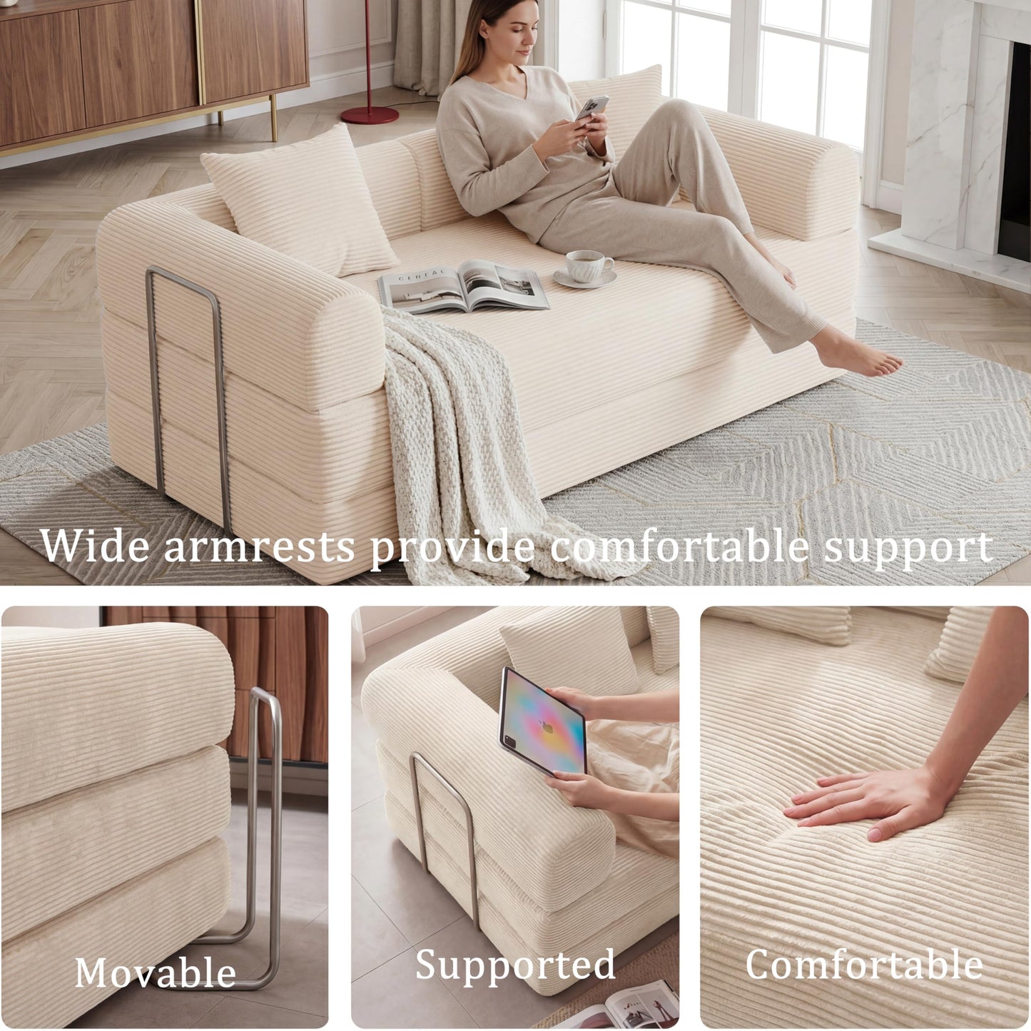 HouseMila 59" Boneless Couch,4-in-1 Futon Sofa Bed Modular Loveseat Sleeper Folding Compressed Couch with Pillows,No Assembly Required Convertible Sofa Bed for Living Room Bedroom Guest Room,Beige