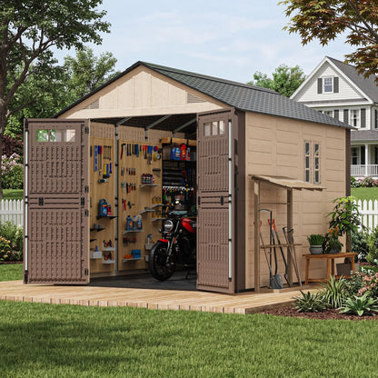 AirWire 8x10 FT Outdoor Resin Storage Shed, Plastic Shed with Floor, Door,Window &Vents, Extra Thick Outdoor Resin Shed for Patio, Backyard, Beige