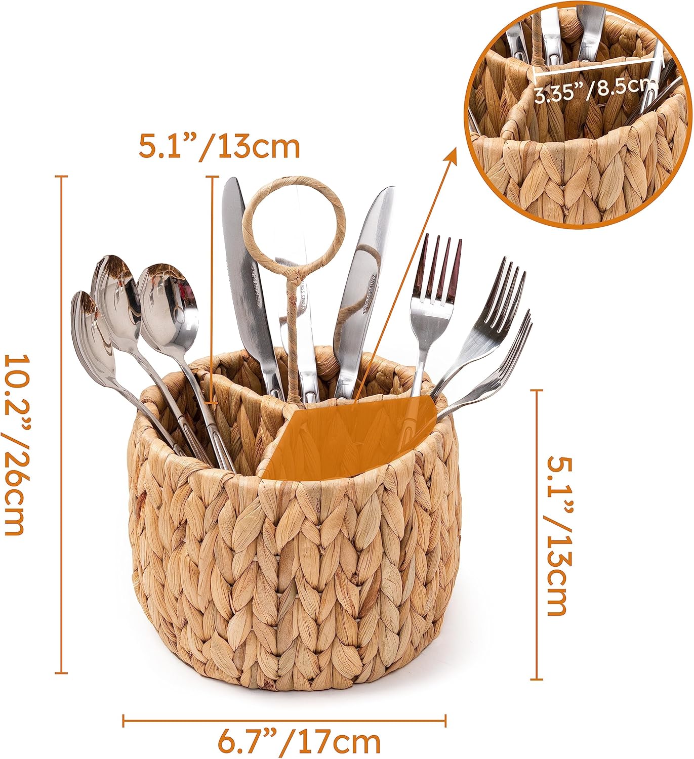 KOLWOVEN Wicker Flatware Organizer - Kitchen Utensil Holder for Countertop, Silverware Caddy with 3 Compartments