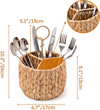 KOLWOVEN Wicker Flatware Organizer - Kitchen Utensil Holder for Countertop, Silverware Caddy with 3 Compartments
