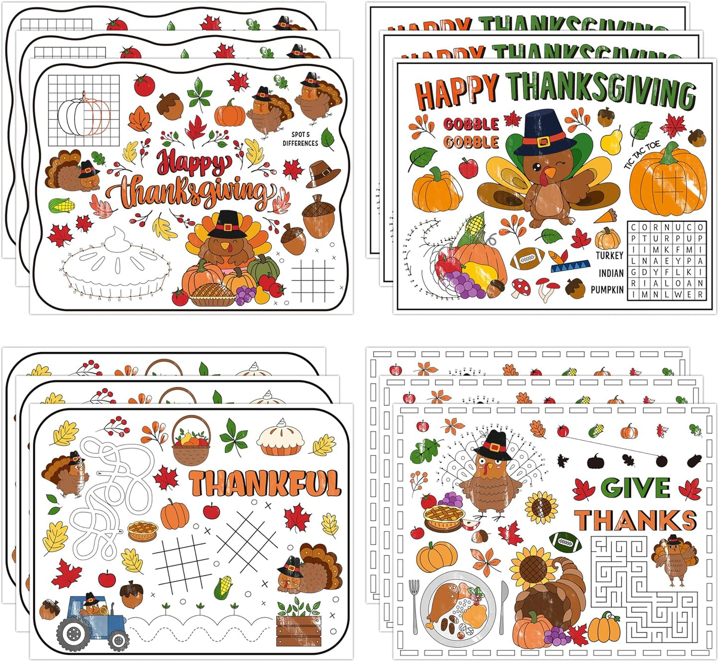 12Pcs R HORSE Thanksgiving Coloring Placemats - Disposable Paper Game Coloring Table Mats, Fall Turkey Place Mats