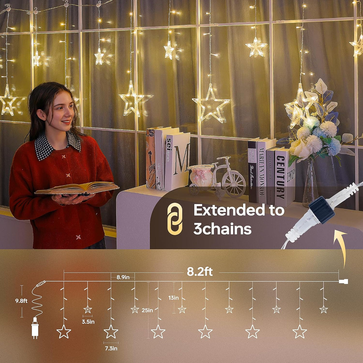 126L 8.2FT 8 Warm White Star Icicle Lights, Clear Curtain Fairy String with Connectable, Timer Modes Memory, Waterproof