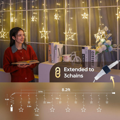 126L 8.2FT 8 Warm White Star Icicle Lights, Clear Curtain Fairy String with Connectable, Timer Modes Memory, Waterproof