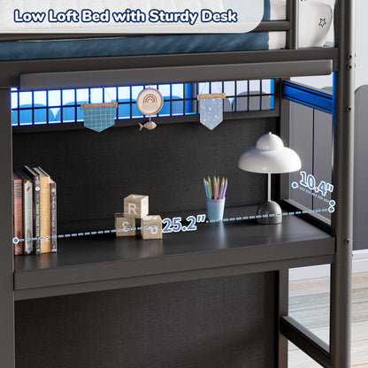 Low Loft Bed Twin Size with 7 Storage Drawers, Desk and LED Lights, Heavy Duty Metal Kids Loft Bed with 13.8" H Safety Guardrail, Anti-Collision Pad, Private Play Curtain, Under-Bed Play Space - Black