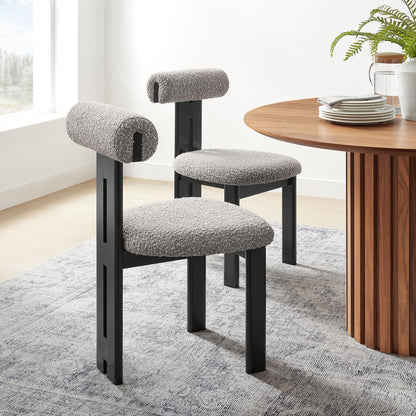 Modway Torian Upholstered Boucle Dining Chairs Set of 2 in Wenge Taupe - 3-Legged Farmhouse Kitchen Chairs - Mid-Century Modern Armless Accent Chairs - Comfortable Side Chairs with Wood Legs