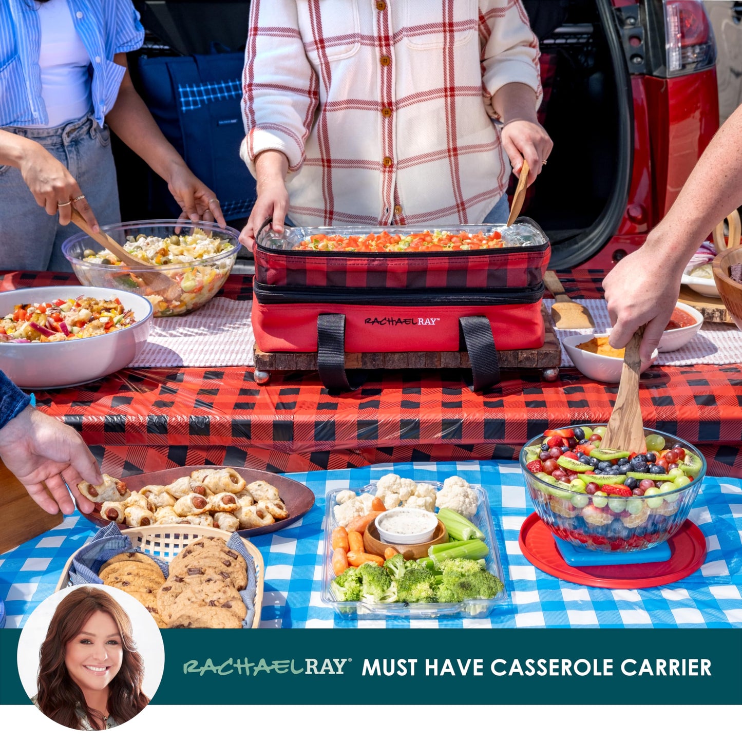 Rachael Ray Expandable Insulated Casserole Carrier for Hot or Cold Food, Thermal Lasagna Lugger Tote for Potluck, Parties, Picnic, and Cookouts, Fits 9" x 13" Baking Dish, Red Buffalo Check