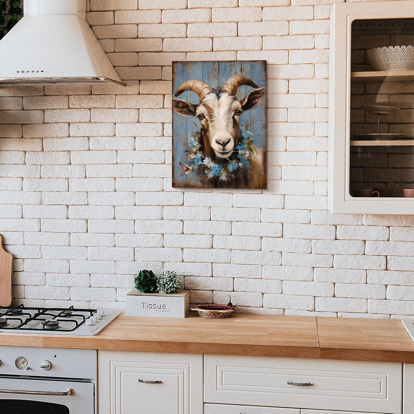 Ooeiiiy Farmhouse Goat Canvas Wall Art, Cute Goat With Flower Wall Decor Poster Prints Framed Artwork 12''X16''