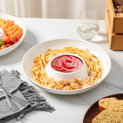 LEHAHA Ceramic Chip and Dip Serving Set, 12 Inch Large porcelain Divided Bowls Set for Salsa, Veggies, Dip, Appetizers, Snacks, Candy, Fruits-Relish Trays for Parties and Entertaining, White