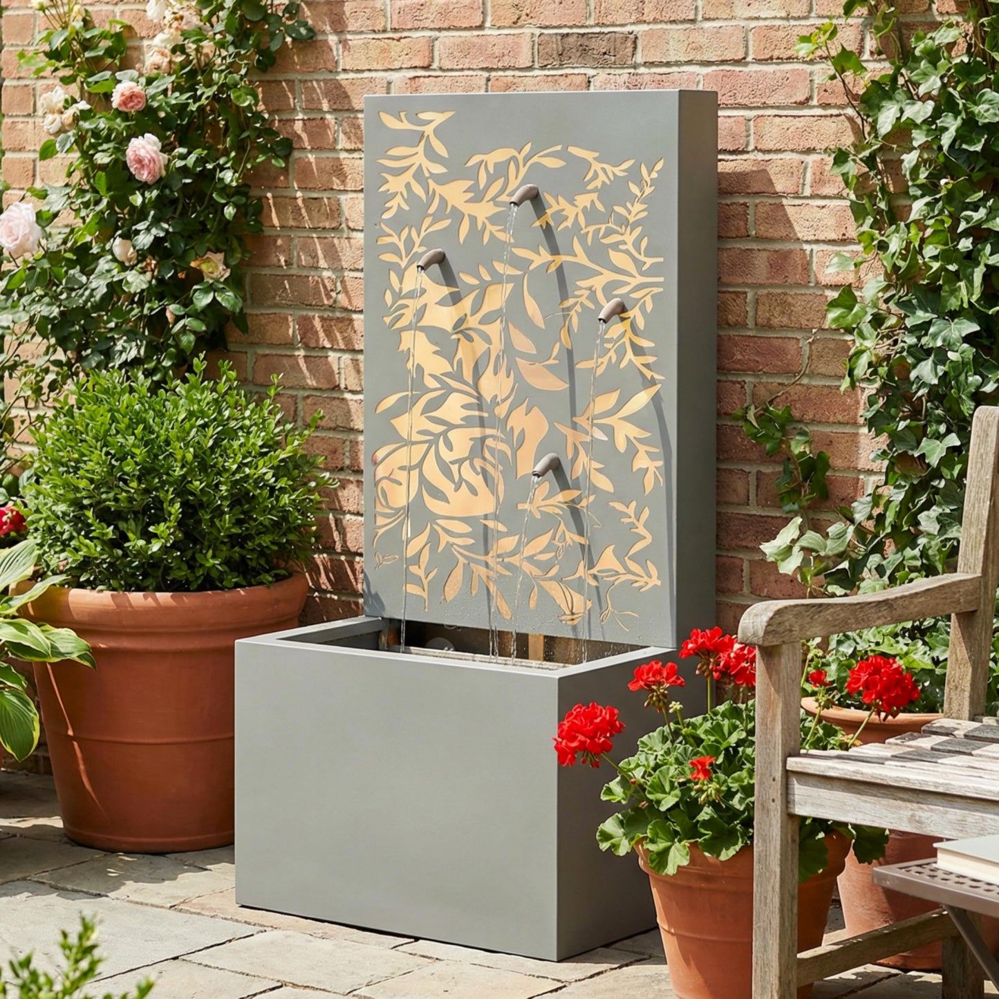 Merax 30.71" H Light Gray Metal Leaf Cutout Outdoor Water Wall Fountain with LED Lights, Modern Waterfall Feature for Patio Garden Backyard Decor