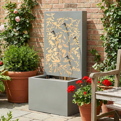 Merax 30.71" H Light Gray Metal Leaf Cutout Outdoor Water Wall Fountain with LED Lights, Modern Waterfall Feature for Patio Garden Backyard Decor