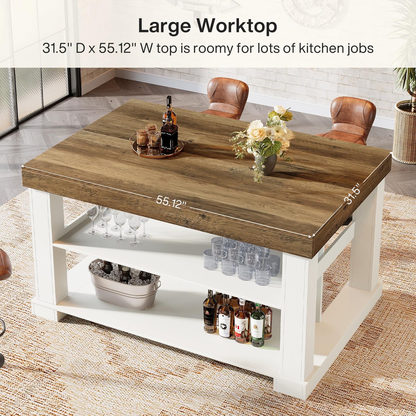 Tribesigns 55" Kitchen Island with Seating and Storage, 3-Tier Farmhouse Wood Stationary Island Table with Large Worktop & Leg Room, Coffee Bar Table with Storage Shelves for Kitchen, White and Brown