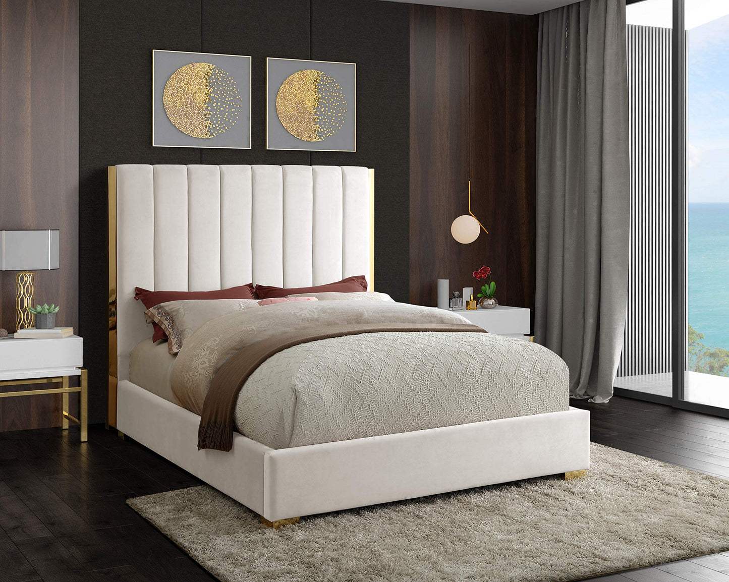 Meridian Furniture Becca Collection Modern | Contemporary Velvet Upholstered Bed with Deep Channel Tufting and Polished Gold Metal Frame, Cream, Full