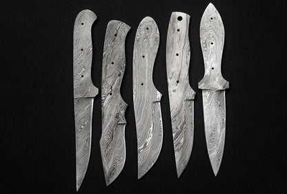 5 pieces set of 8 to 9.5 inches long hand forged twist pattern Damascus steel blank blade skinning knife set, Over all 44 inches long blades compact pocket knife blanks, knife making supplies
