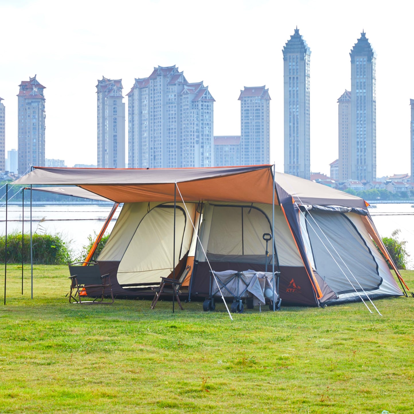 KTT Extra Large Tent 12 Person,Family Cabin Tents,Awning,2 Rooms,4 Doors and 4 Windows with Mesh,Straight Wall,Waterproof,Double Layer,Big Tent for Outdoor,Picnic,Camping,Family Gathering(Brown)
