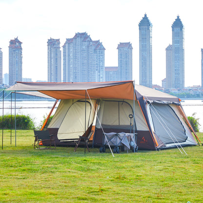 KTT Extra Large Tent 12 Person,Family Cabin Tents,Awning,2 Rooms,4 Doors and 4 Windows with Mesh,Straight Wall,Waterproof,Double Layer,Big Tent for Outdoor,Picnic,Camping,Family Gathering(Brown)
