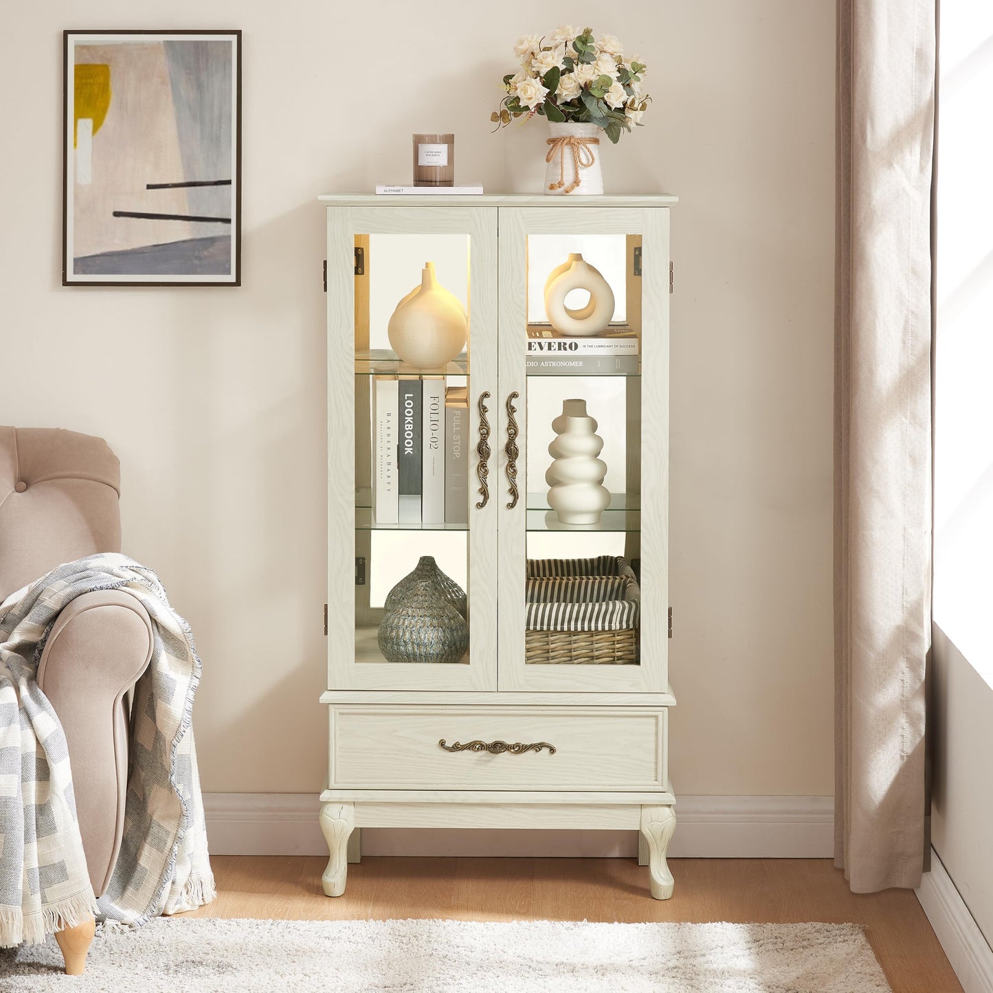 KEIKI 52" Glass Display Cabinet with Carved Metal Handle & Adjustable Shelves, Storage Curio Cabinet with 2 Door & 1 Drawer, 3-Tier Showcase Display Case, Easy Assembly, for Living Room, White
