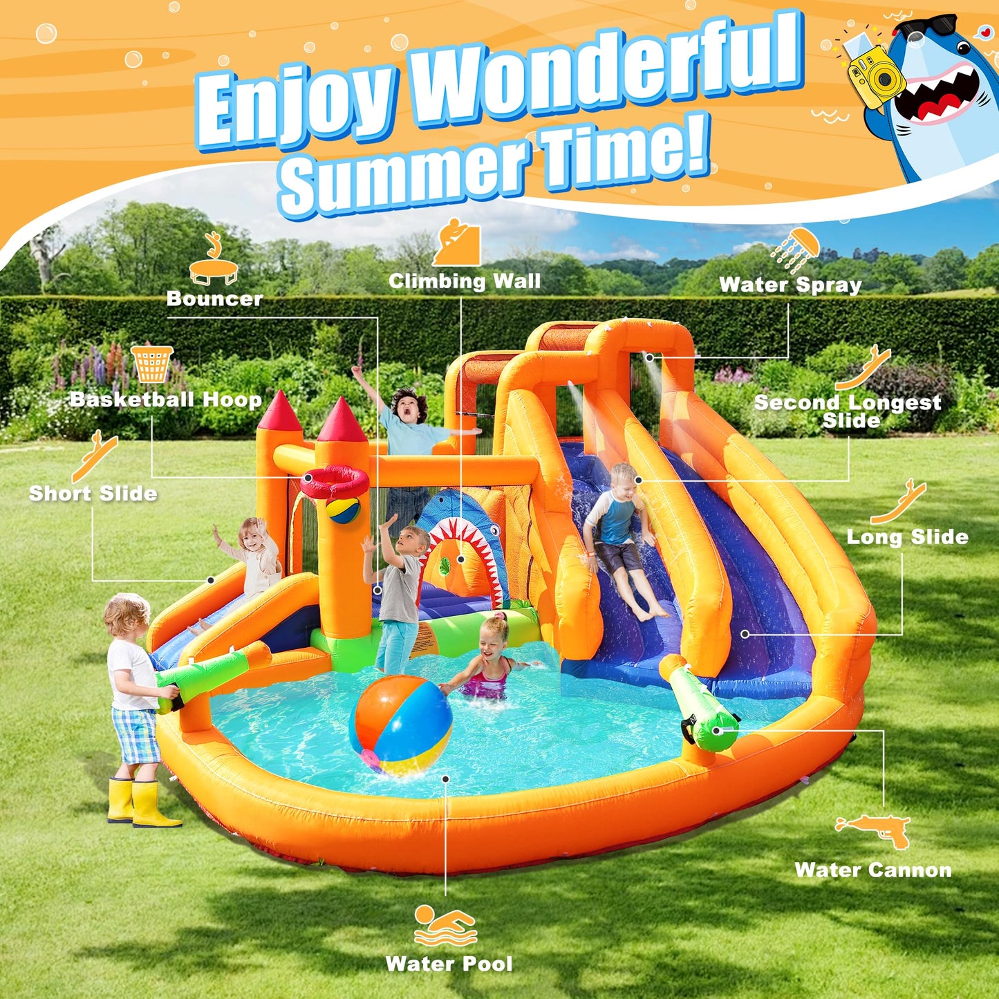 Inflatable Bounce House, Triple Water Slide for Kids with Double Cannon, Climbing Wall, Jumping, Splash Pool, Basketball Hoop for Outdoor Backyard Party, 10 in 1 Giant Castle Included 550W Air Blower