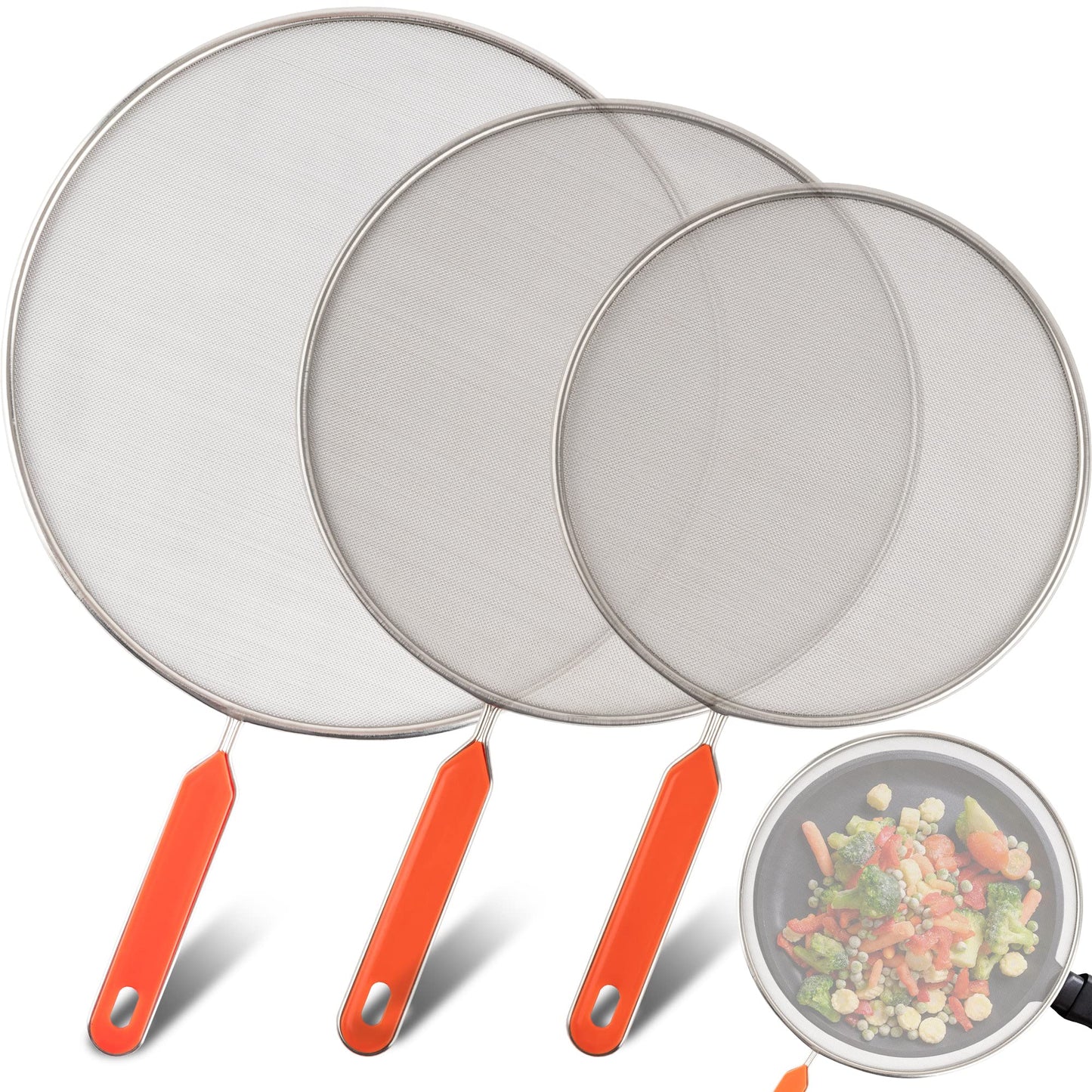 Roe & Moe Splatter Screens - Stainless Steel Splatter Screens for Frying Pan with Insulated Handles - Grease Splatter Guards For Frying Pan that Lets You Create Masterpieces with Ease (Pack of 3)
