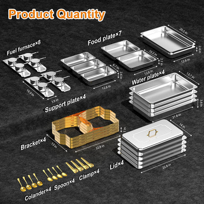 ZLMTZDJD 4 Pack 9 Qt Chafing Dishes Buffet Set - Gold Stainless Steel Food Warmers with 12 Serving Utensils (Tongs, Ladles, Spoons) for BBQ, Parties, Catering, Weddings, Events