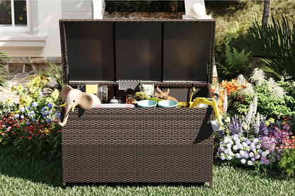 MilleLoom 185 Gallon Outdoor Storage Box with Wheels - Large Wicker Rattan Deck Box for Patio Cushions, Garden Tools, Pool Floats & Pillows, All-Weather Patio Furniture Storage, Brown