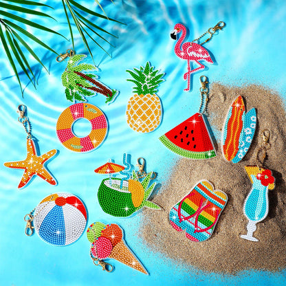 Thinkday 12 Pack Summer Diamond Painting Keychain Kits 5D Diamond Art Keychains DIY Painting Kit Summer Hanging for Kids DIY Crafts